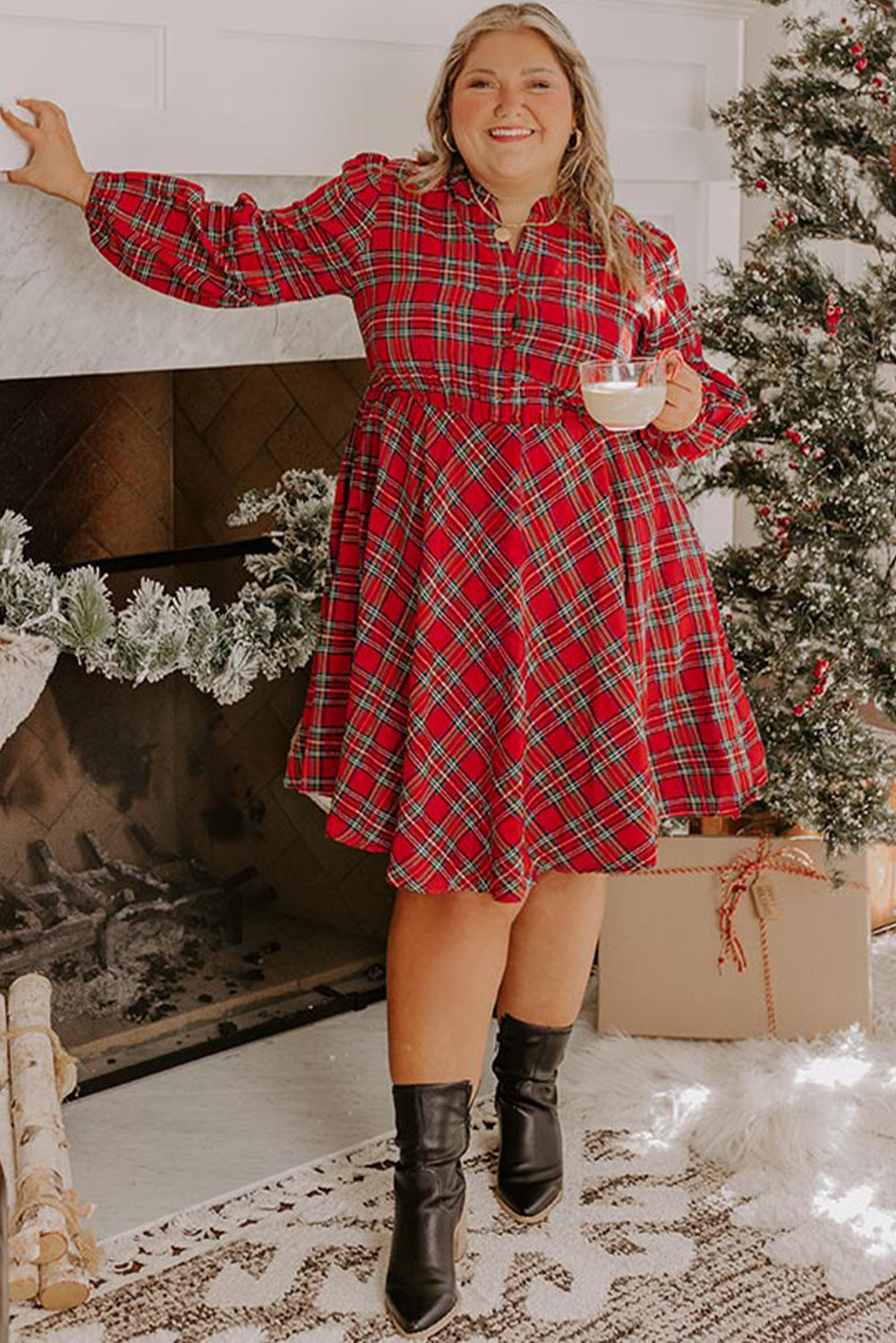 Red Christmas Plaid Holiday Dress - Plus
