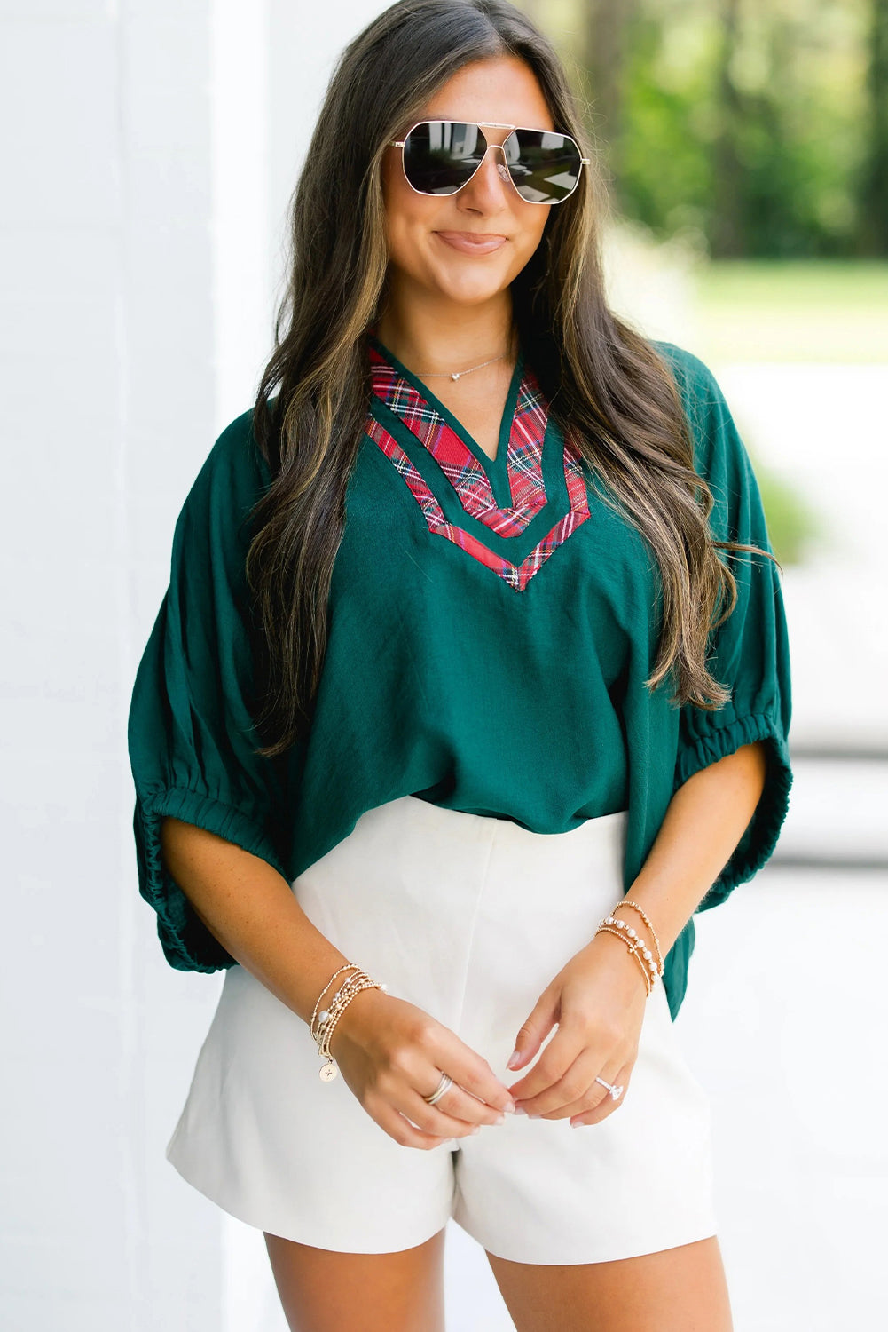 Evergreen Plaid Patchwork V Neck  Blouse