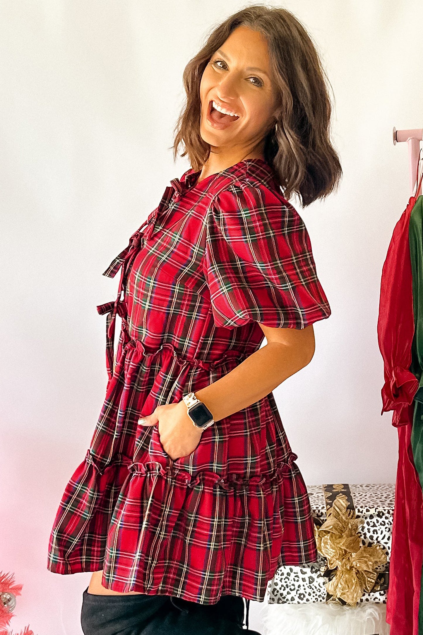 Festive Red Plaid  Dress