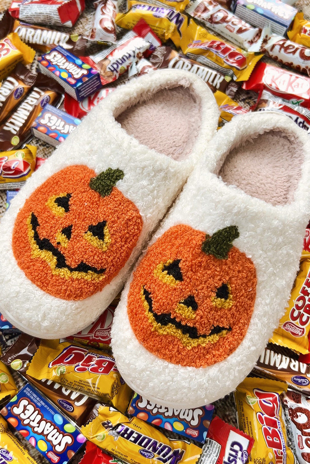 White Halloween Pumpkin Plush Slippers