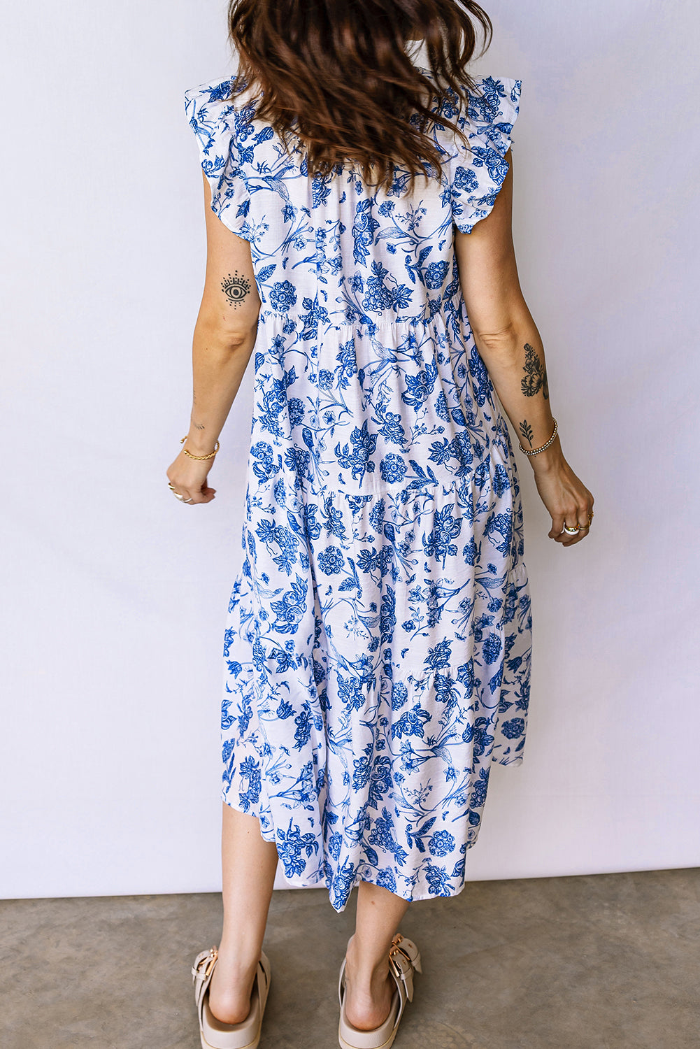 Blue Tiered Floral Midi Dress