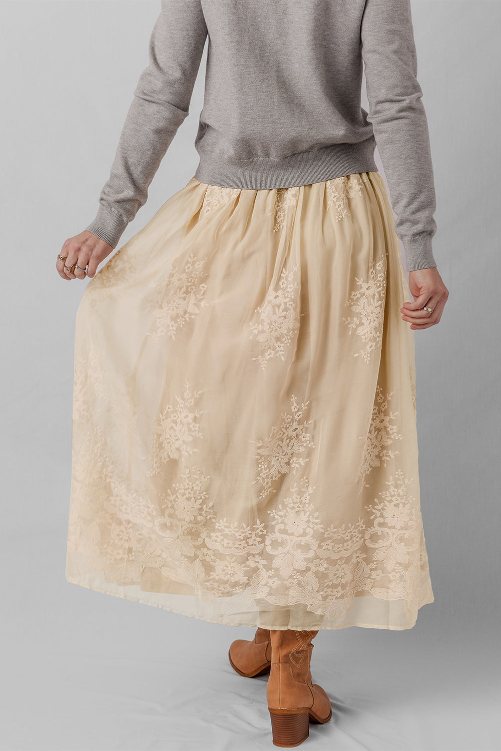 Oatmeal Embroidered Long Skirt