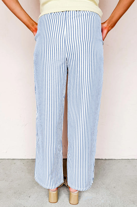 Blue Stripe Drawstring Ankle Pants