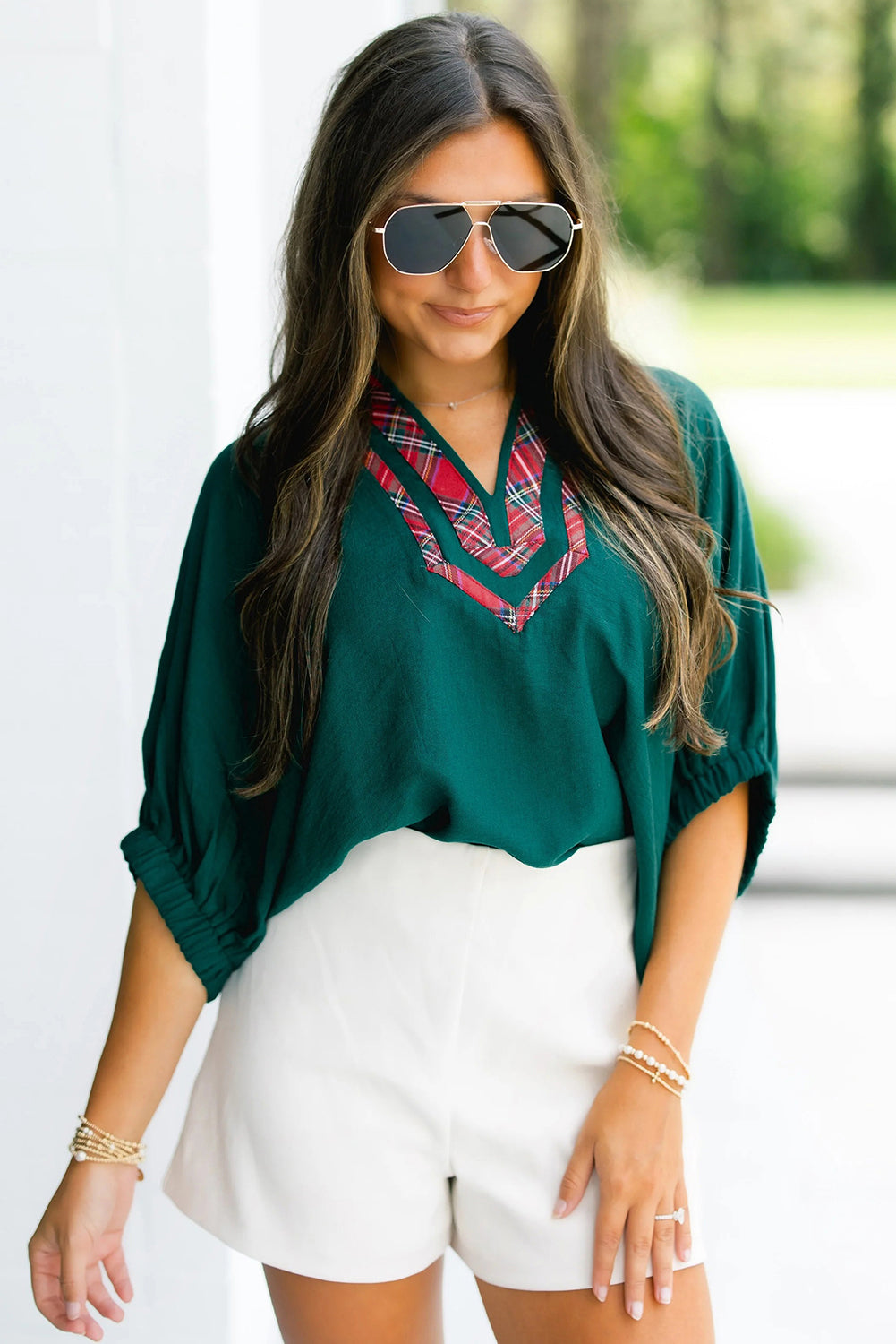 Evergreen Plaid Patchwork V Neck  Blouse