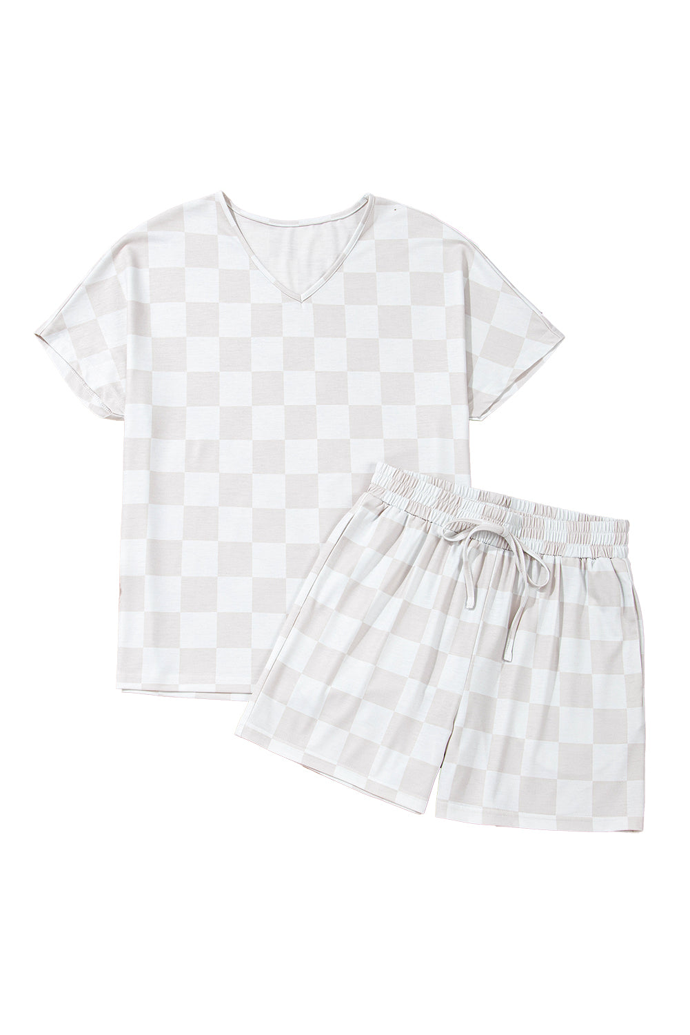 Beige Checkered  Drawstring Shorts Pajama Set