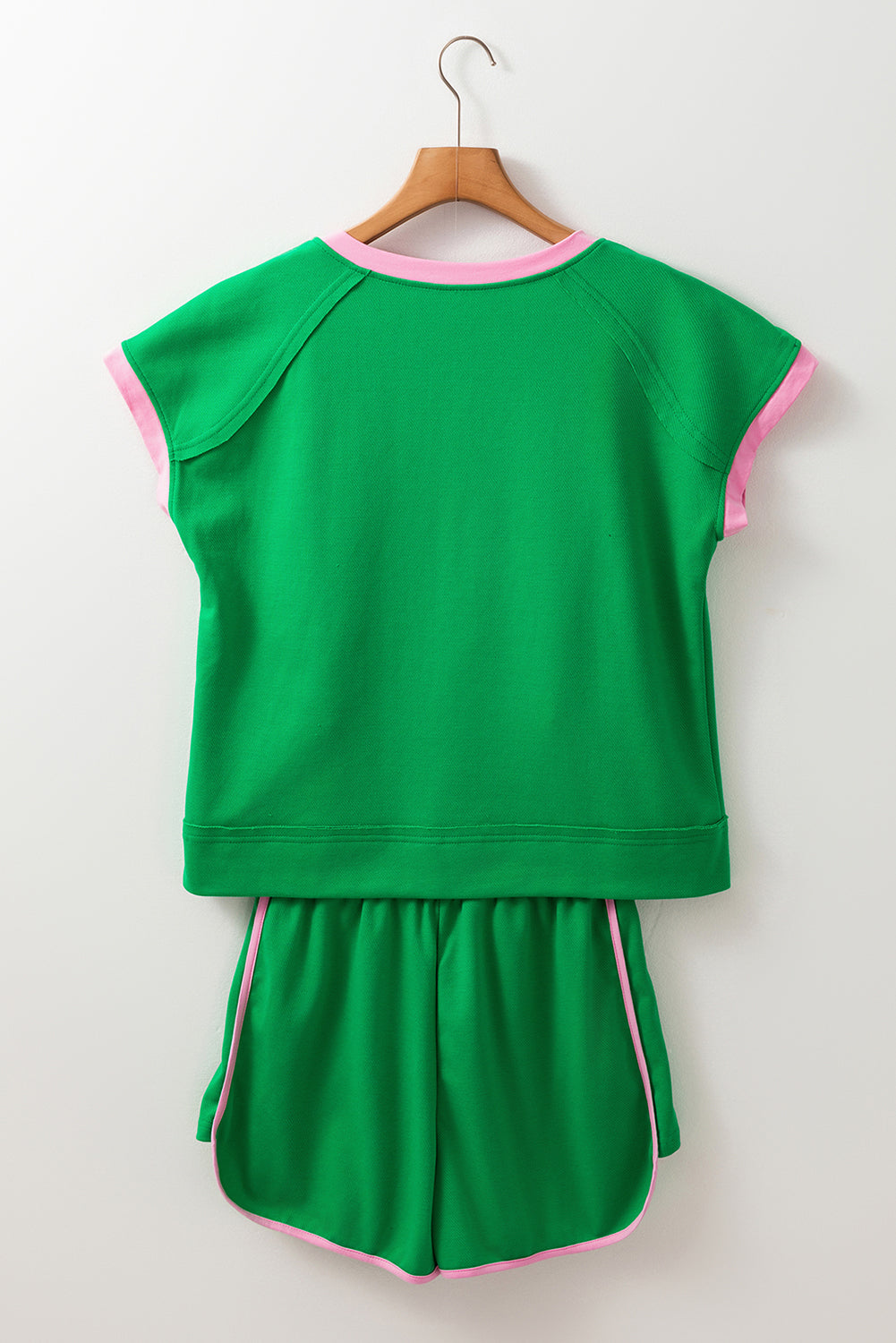 Green Contrast Trim Textured Tee and Shorts Set