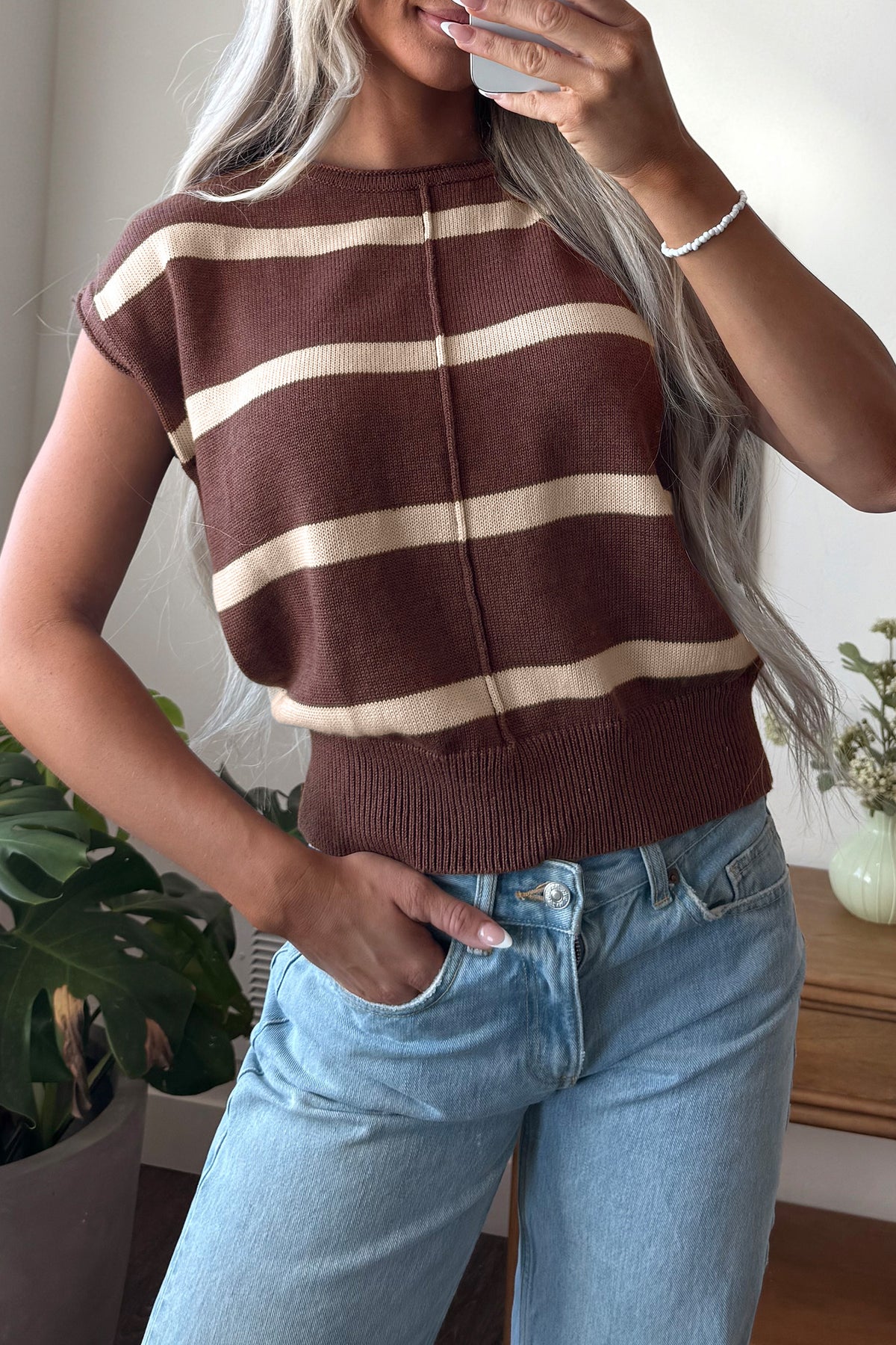 Western Stripe Short Sleeve Sweater