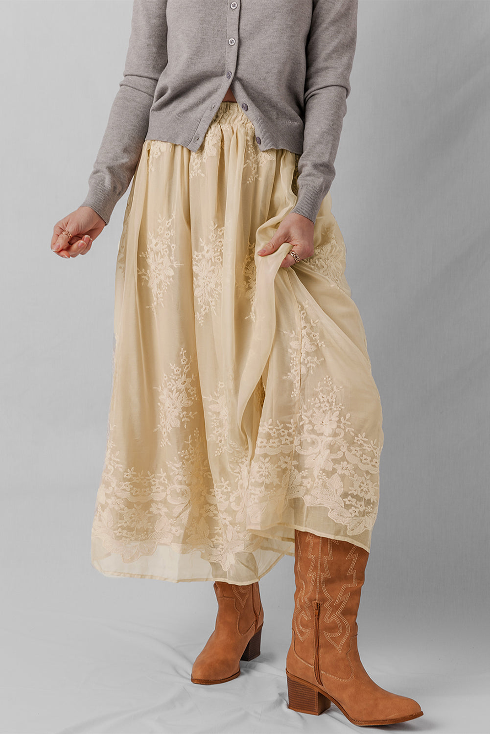 Oatmeal Embroidered Long Skirt