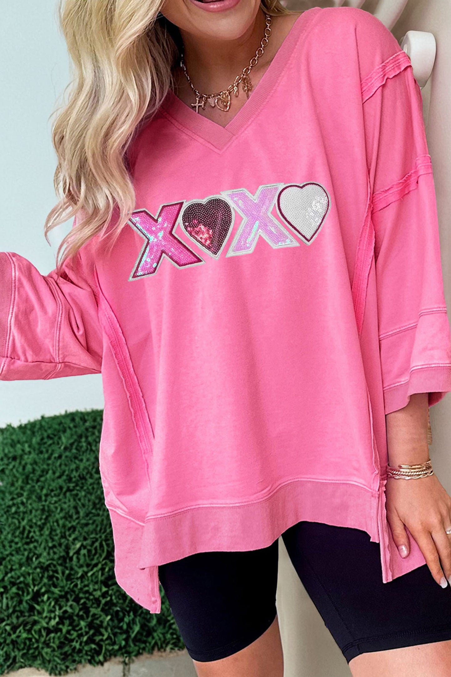 Pink Sequin XOXO Raw Seamed Top