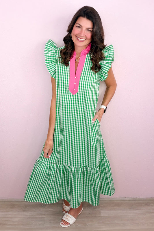 Green Gingham Midi Dress