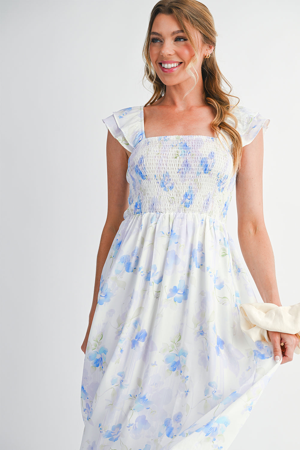 Sky Blue Floral Smocked Dress