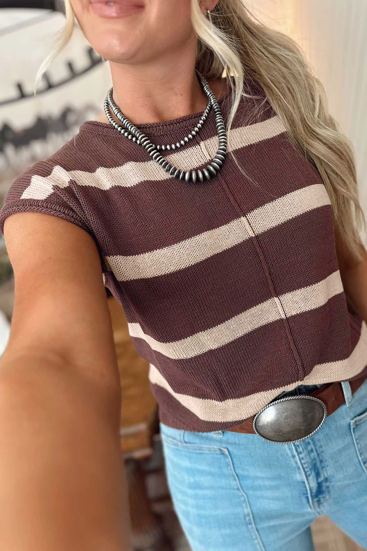 Western Stripe Short Sleeve Sweater