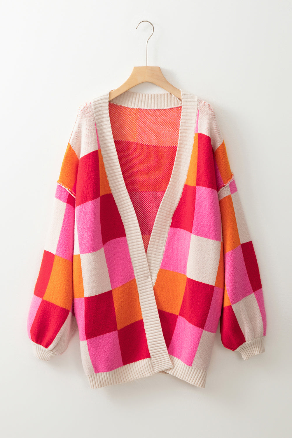 Bright Checkered Open Front Cardigan