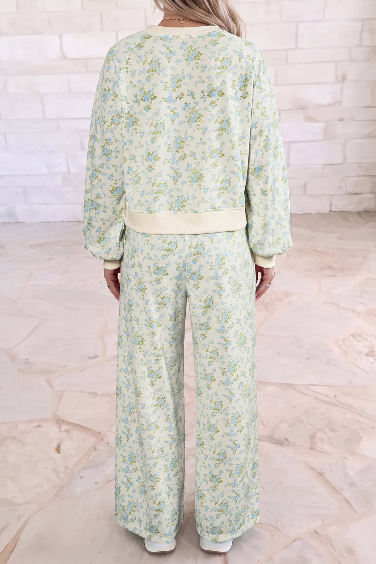 Women's floral two-piece lounge set with puff sleeve top and wide-leg drawstring pants