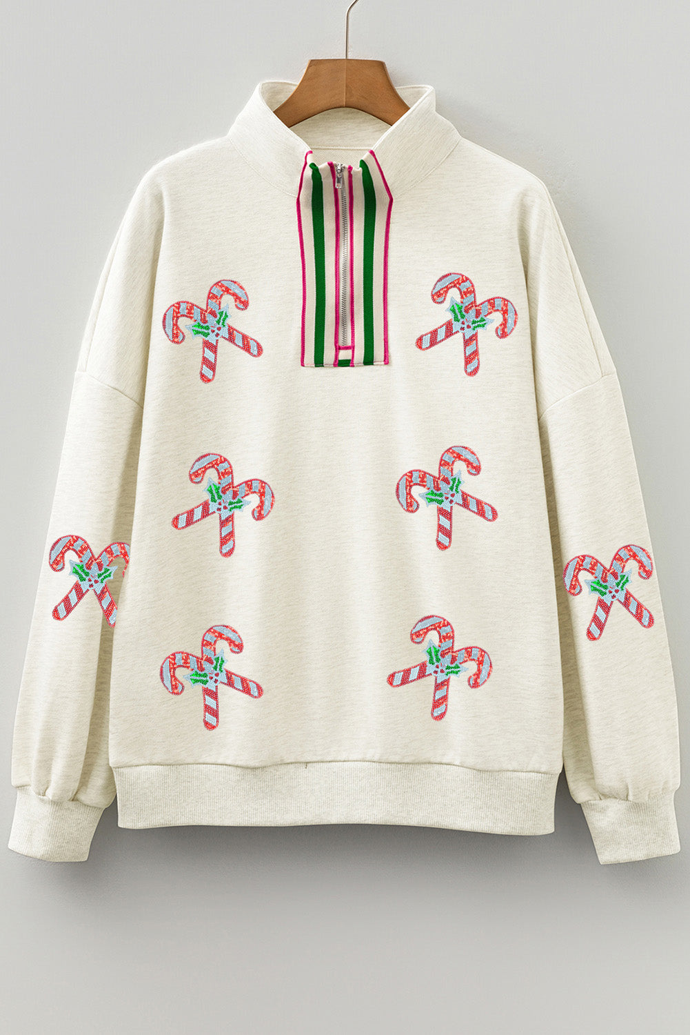 Sequin Candy Canes Christmas Quarter Zip Sweatshirt