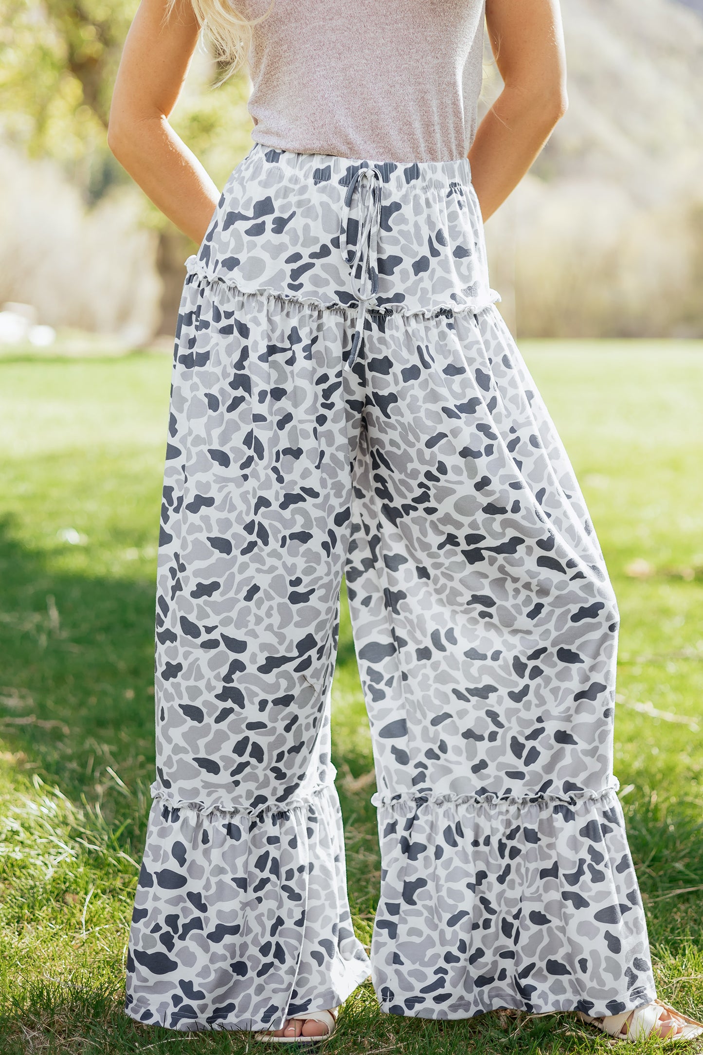 Camo Print Wide Leg Casual Pants