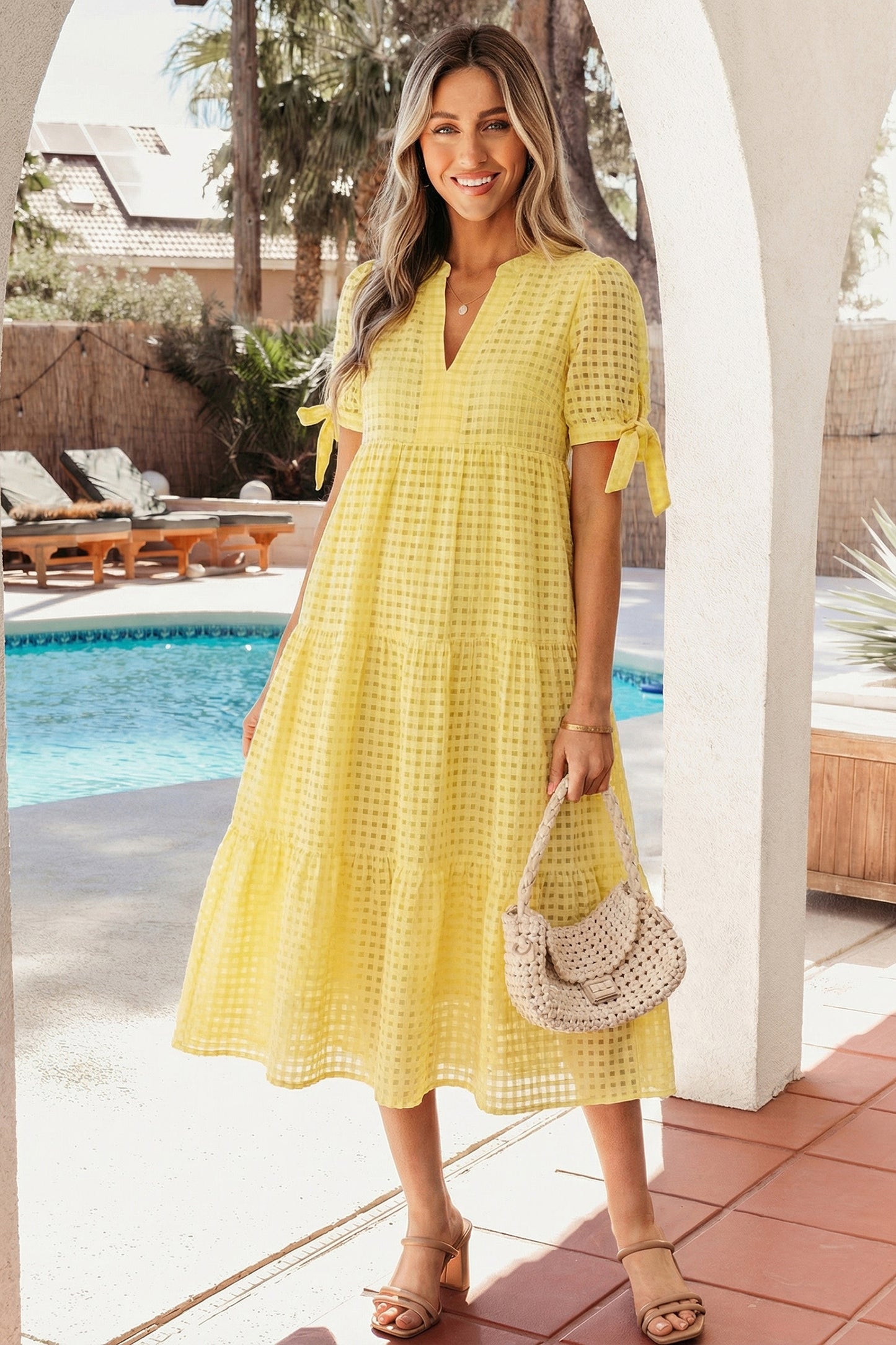 Lattice Textured Tiered Midi Dress