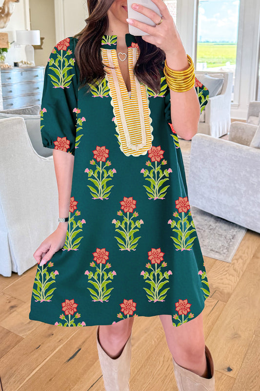 Green Floral Print Short Sleeve Dress