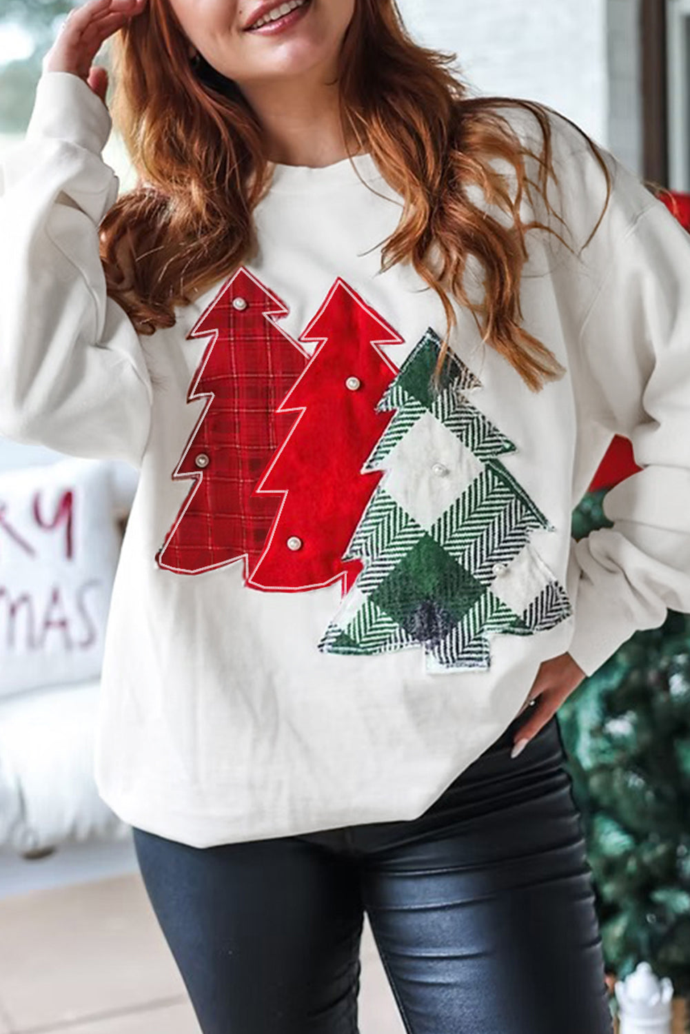 Christmas Tree Sweatshirt with Pearl Accents
