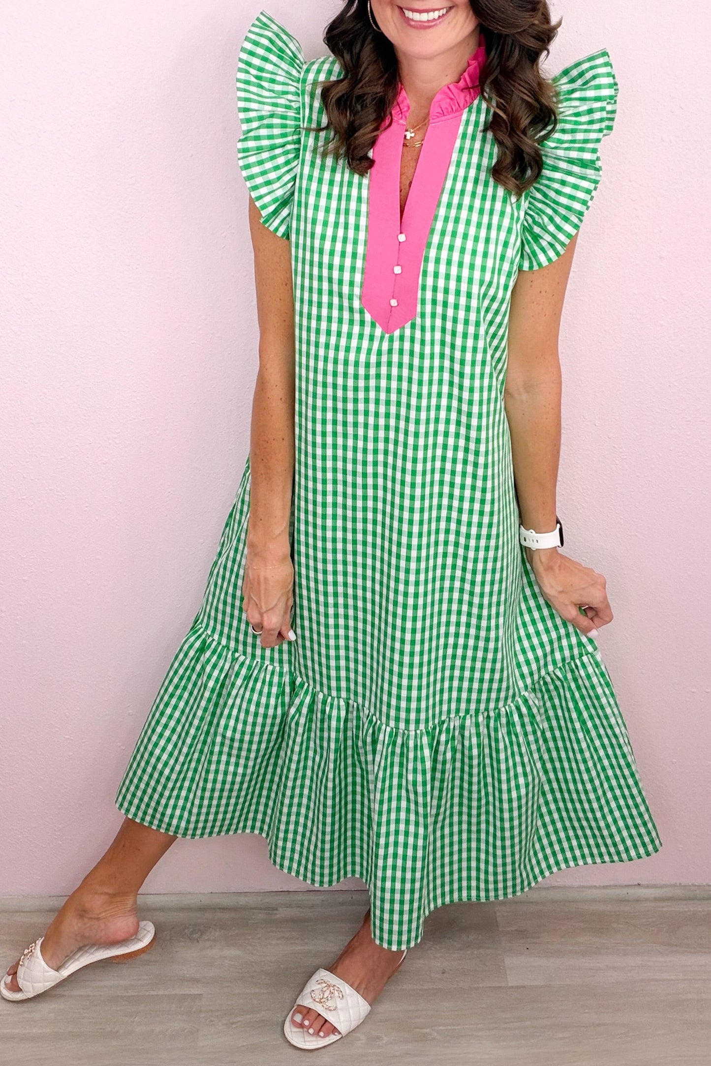 Green Gingham Midi Dress