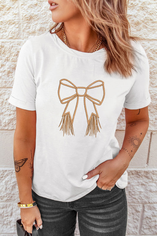 White Tassel Bow Embroidered T Shirt
