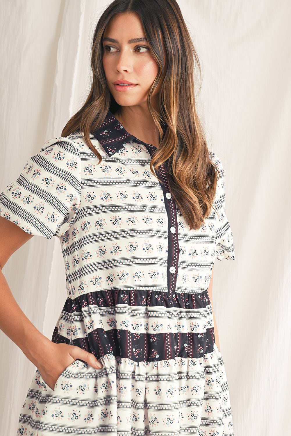 Black Floral Striped Bubble Sleeve Dress