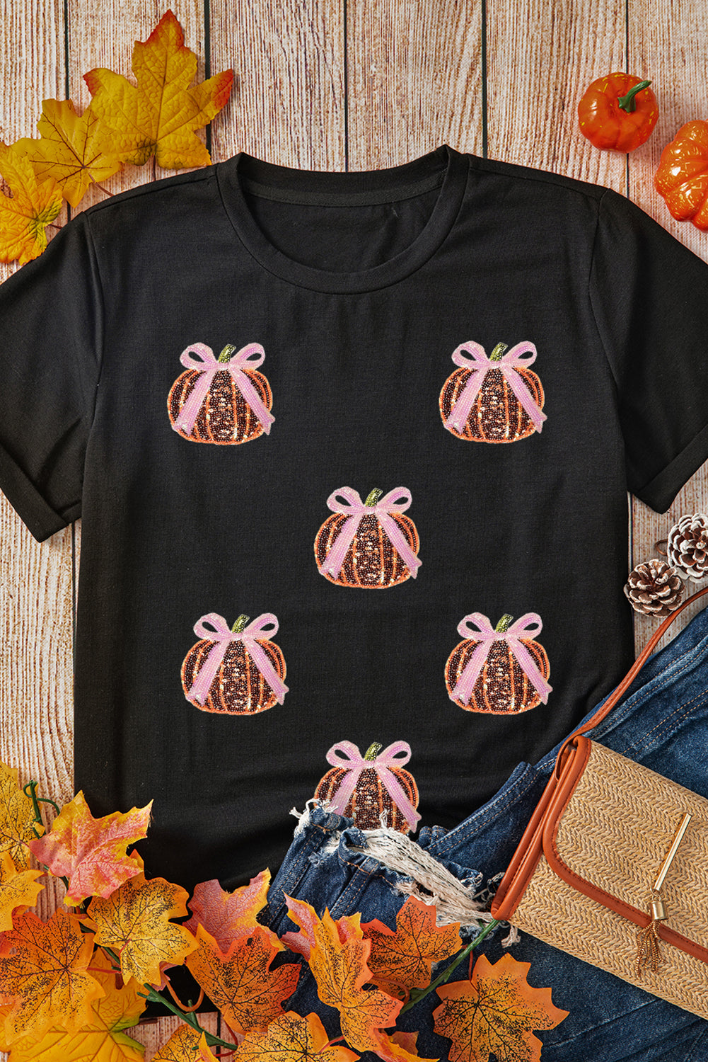 Black Sequin Bow & Pumpkin T Shirt