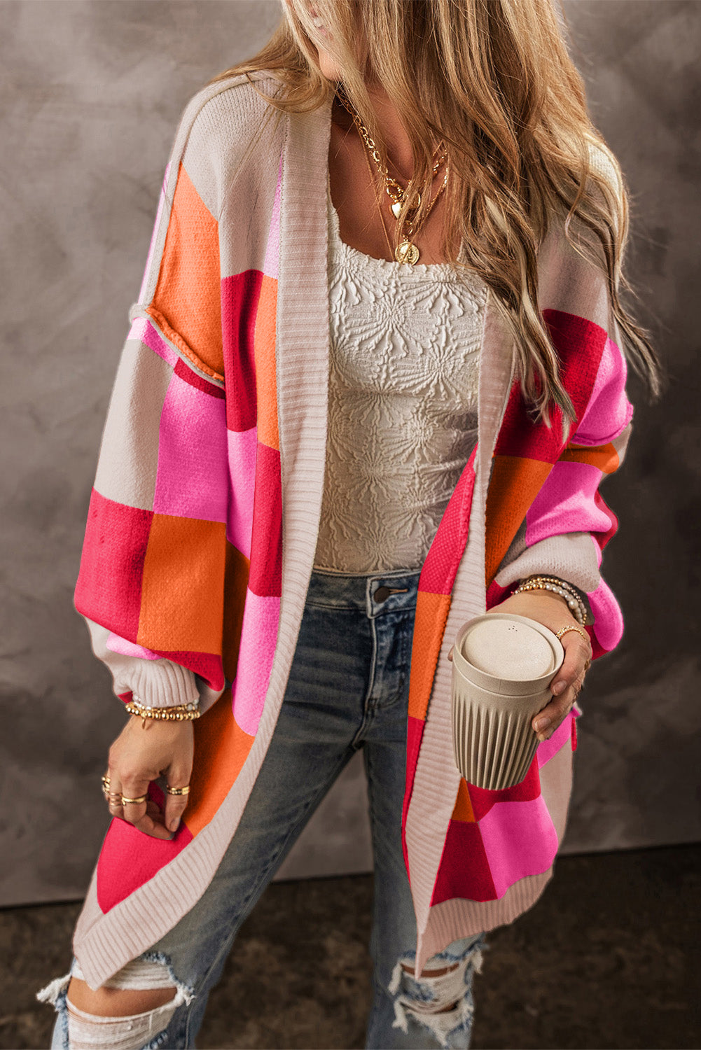 Bright Checkered Open Front Cardigan