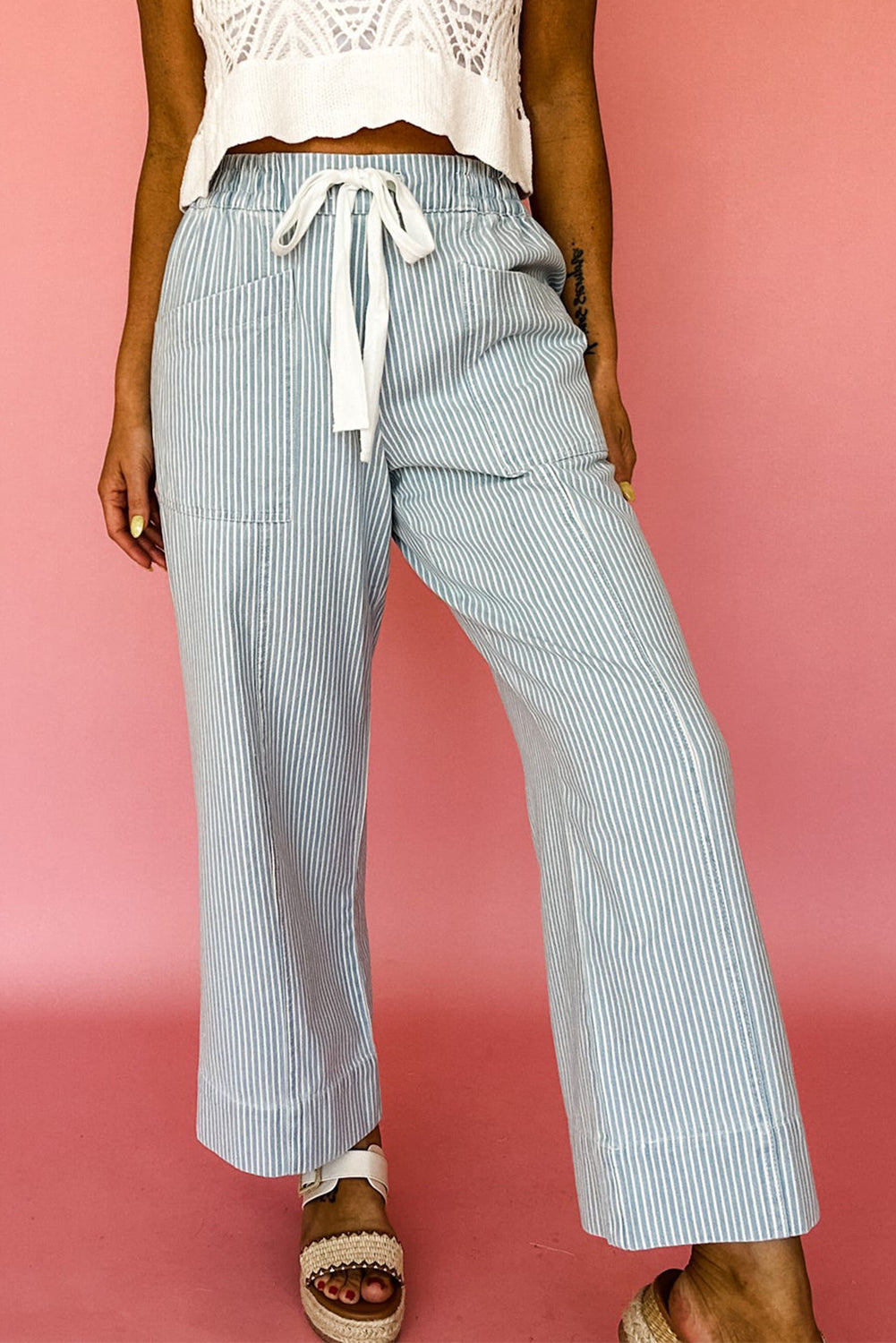 Striped Mid Rise Drawstring Waist Jeans