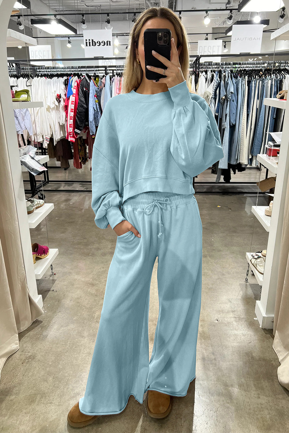 Crop Pullover Drawstring Wide Leg Pants Set
