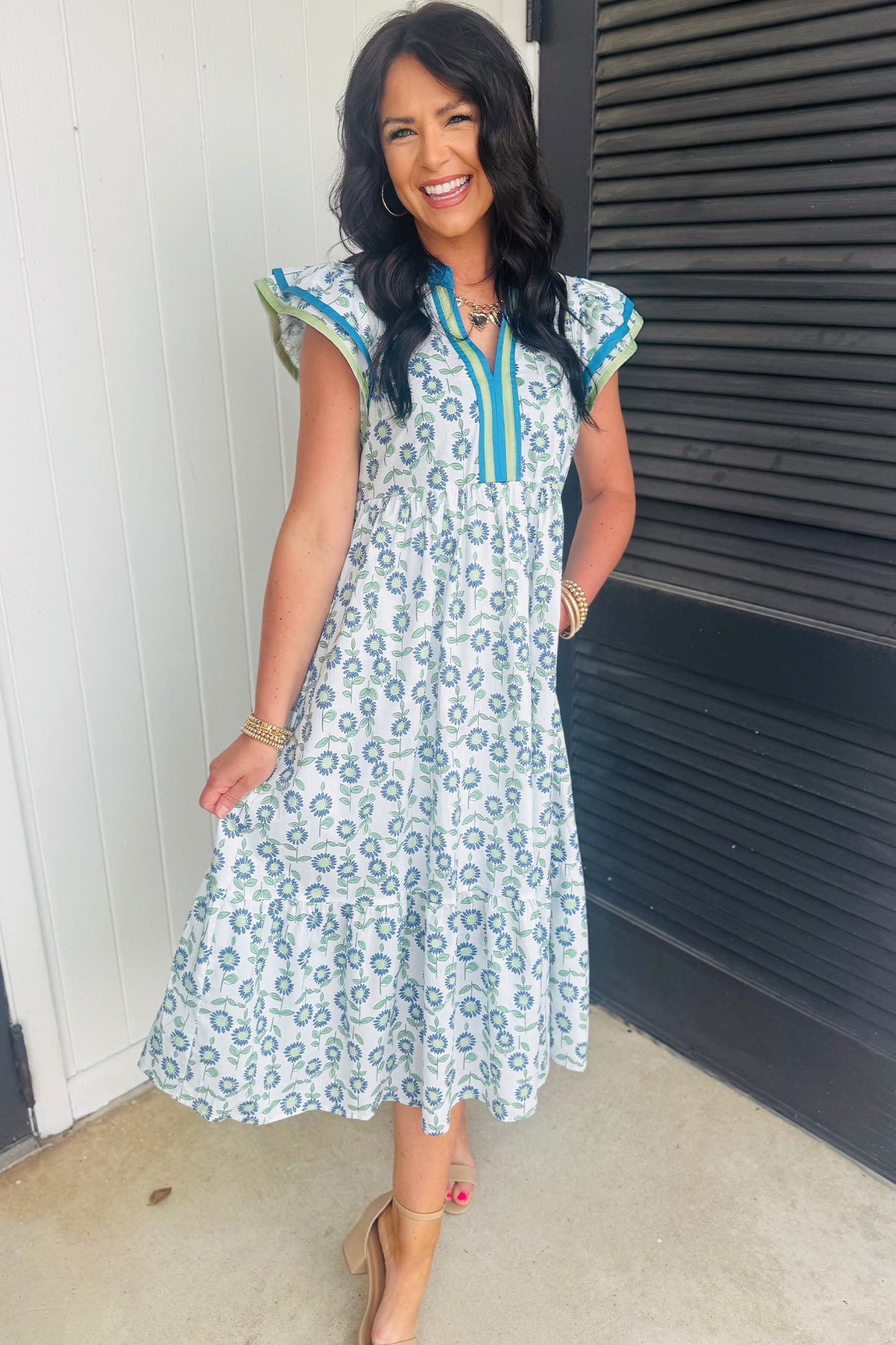 Sunflower Printed Flutter Sleeve Dress