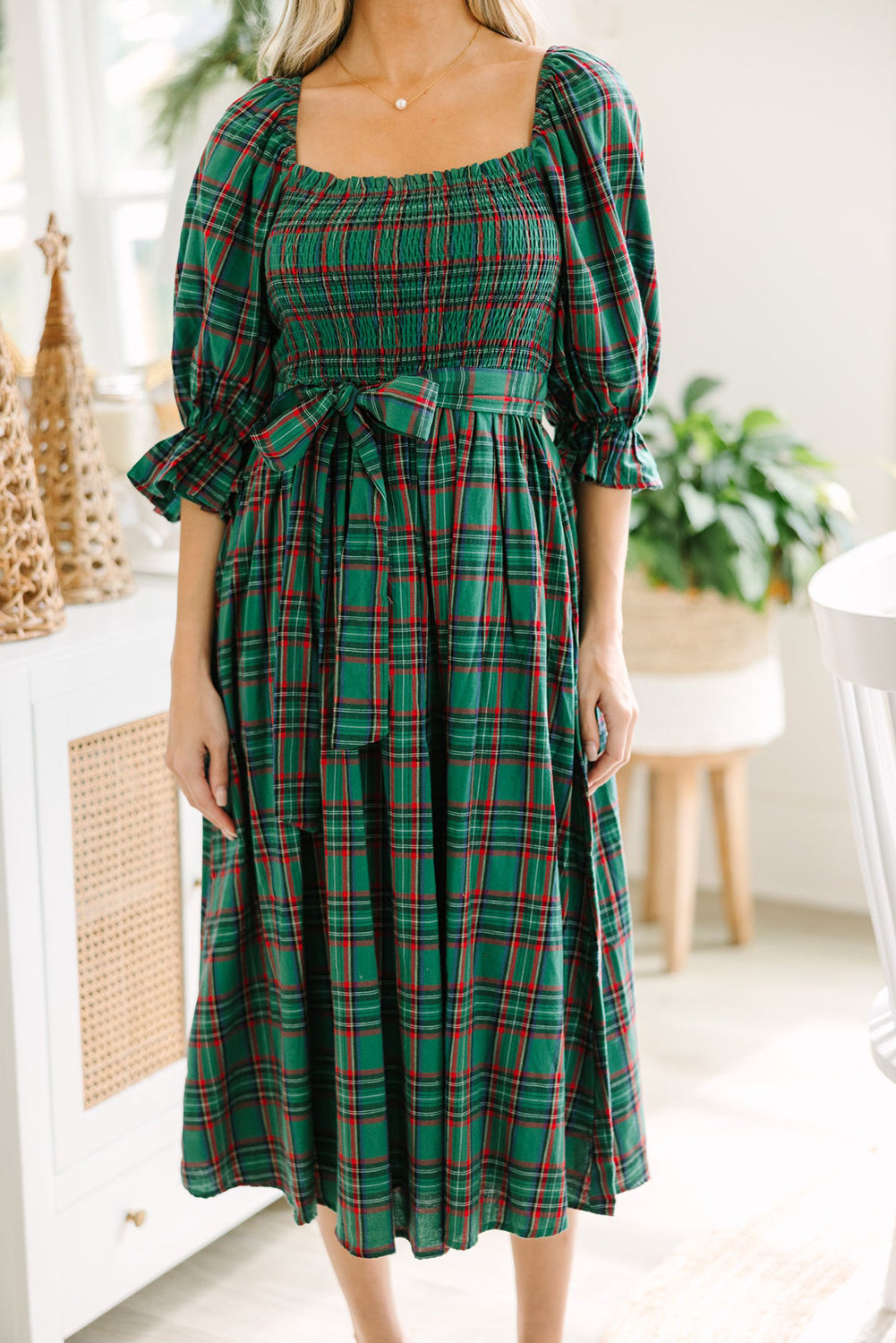 Christmas Plaid Flared Midi Dress
