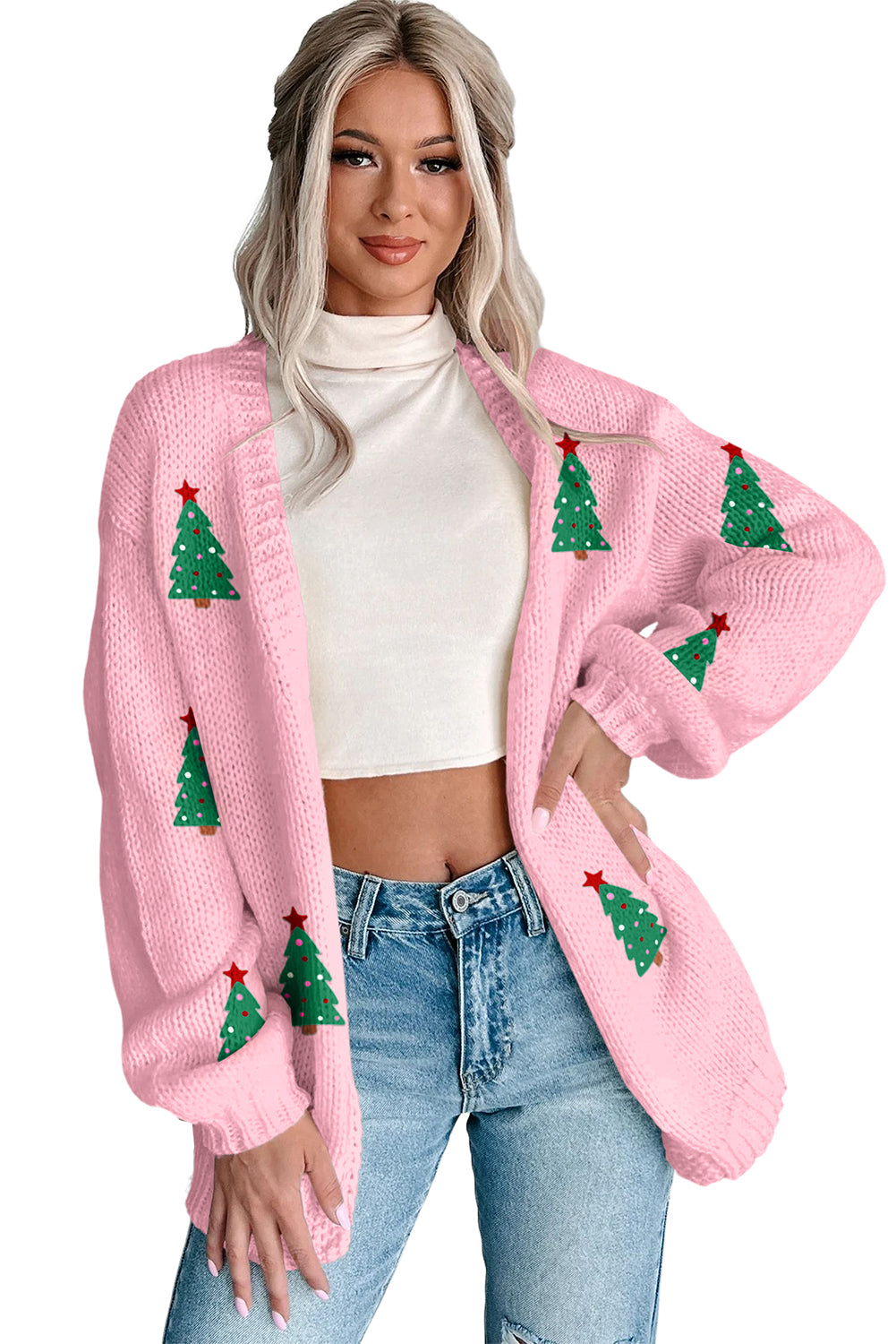 Light Pink Christmas Tree Open Front Cardigan