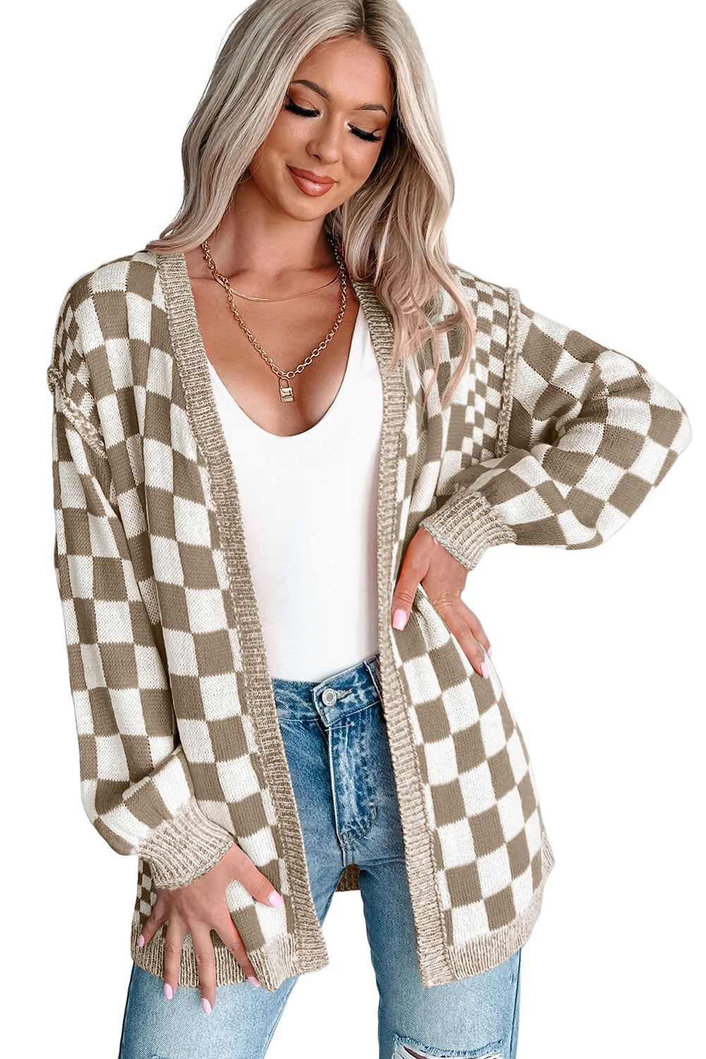 Checkered Open Front Cardigan