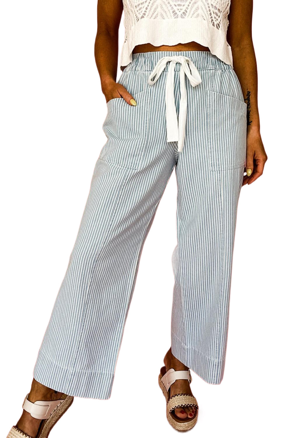 Striped Mid Rise Drawstring Waist Jeans