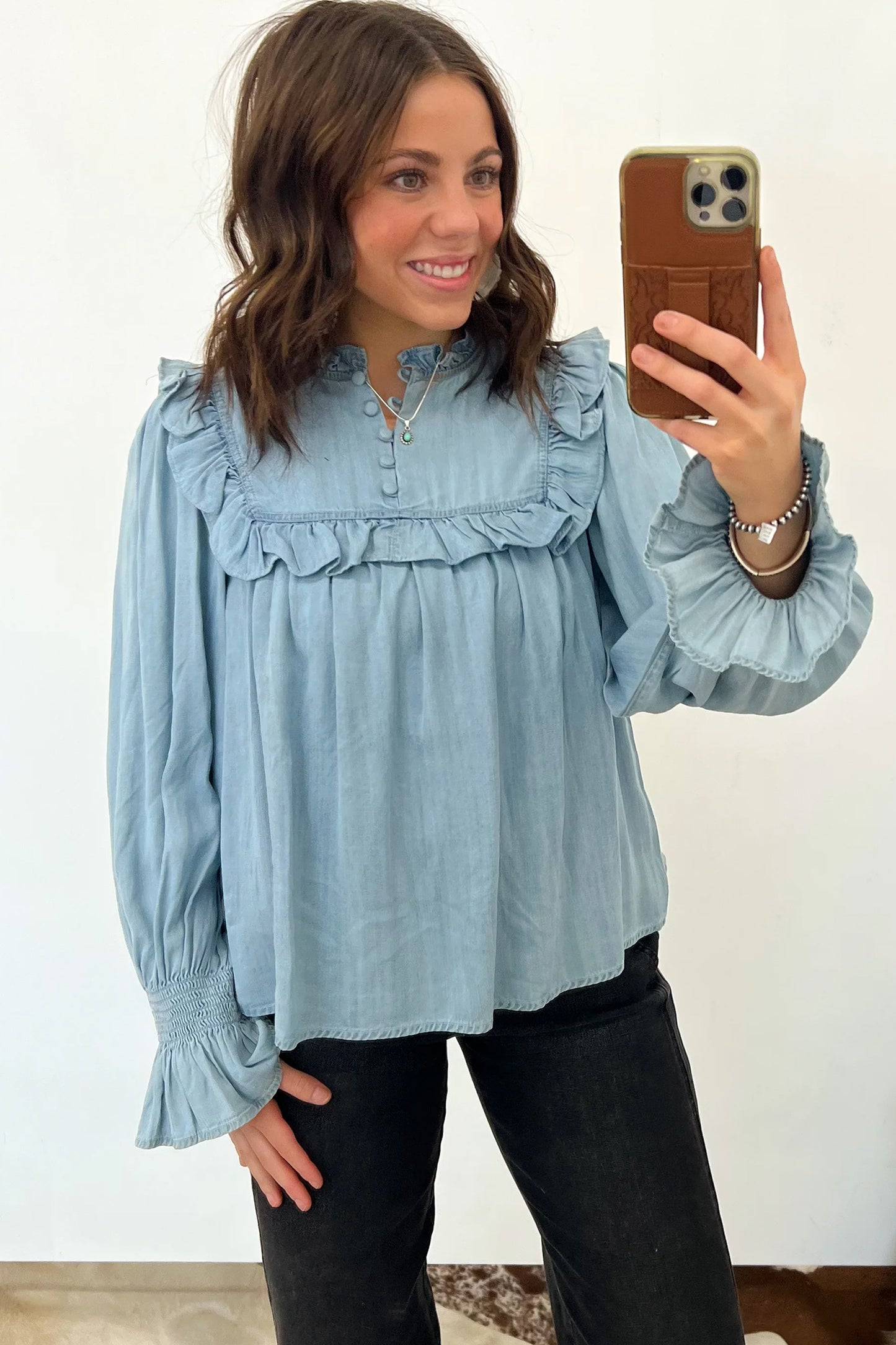 Western Ruffle Chambray Blouse