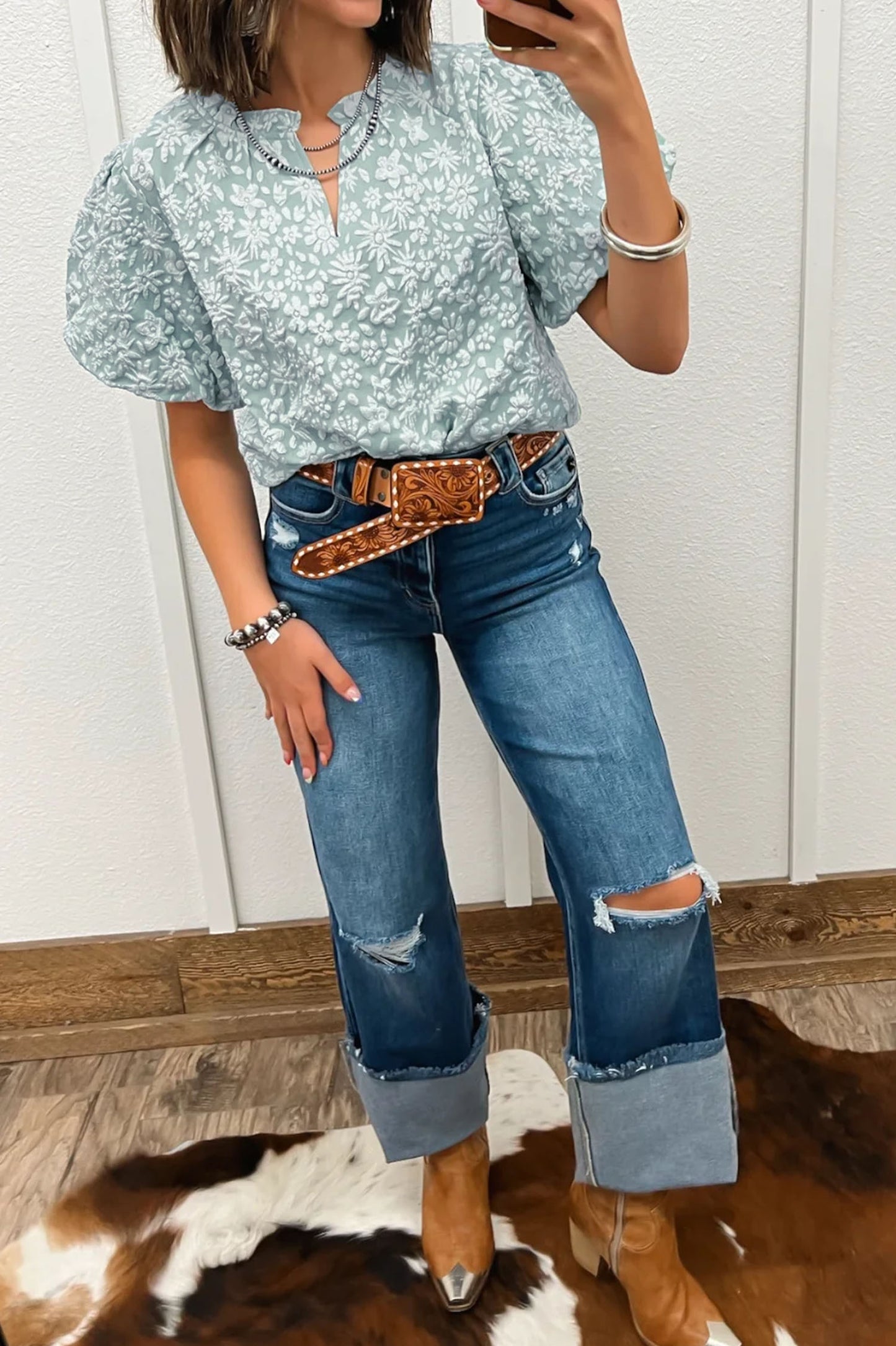Textured Jacquard Puff Sleeve Blouse