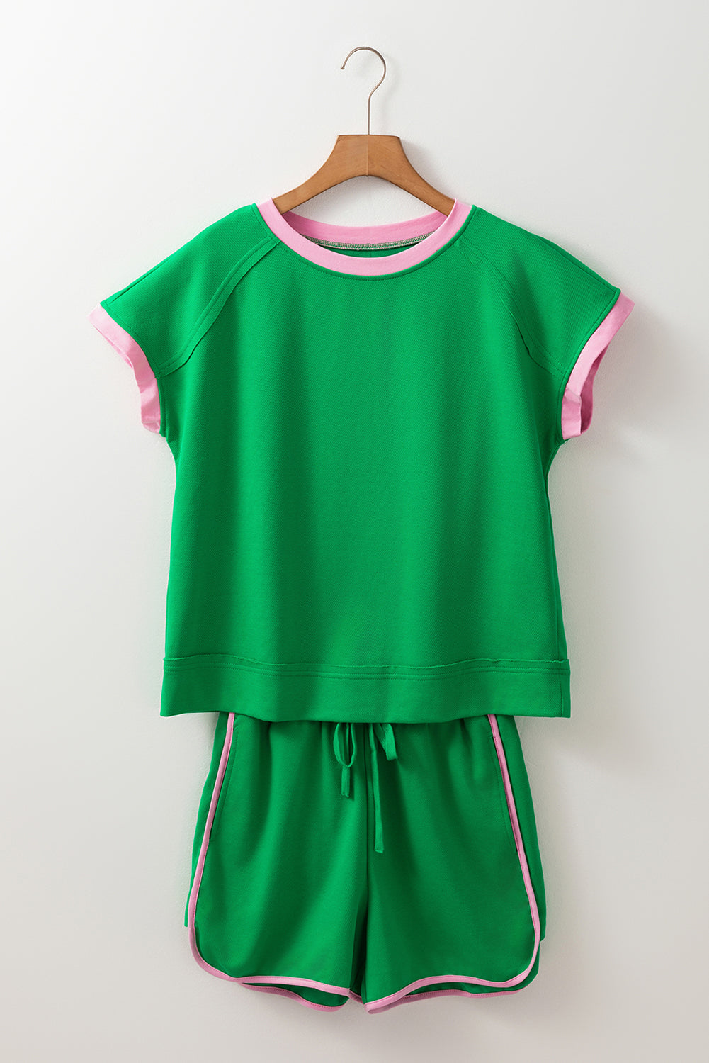 Green Contrast Trim Textured Tee and Shorts Set