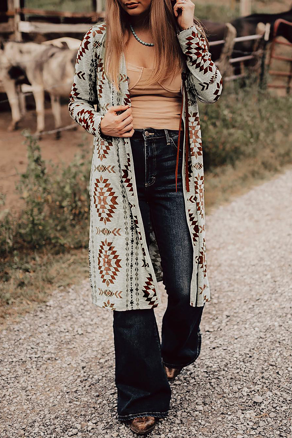 Western Aztec Printed Long Cardigan