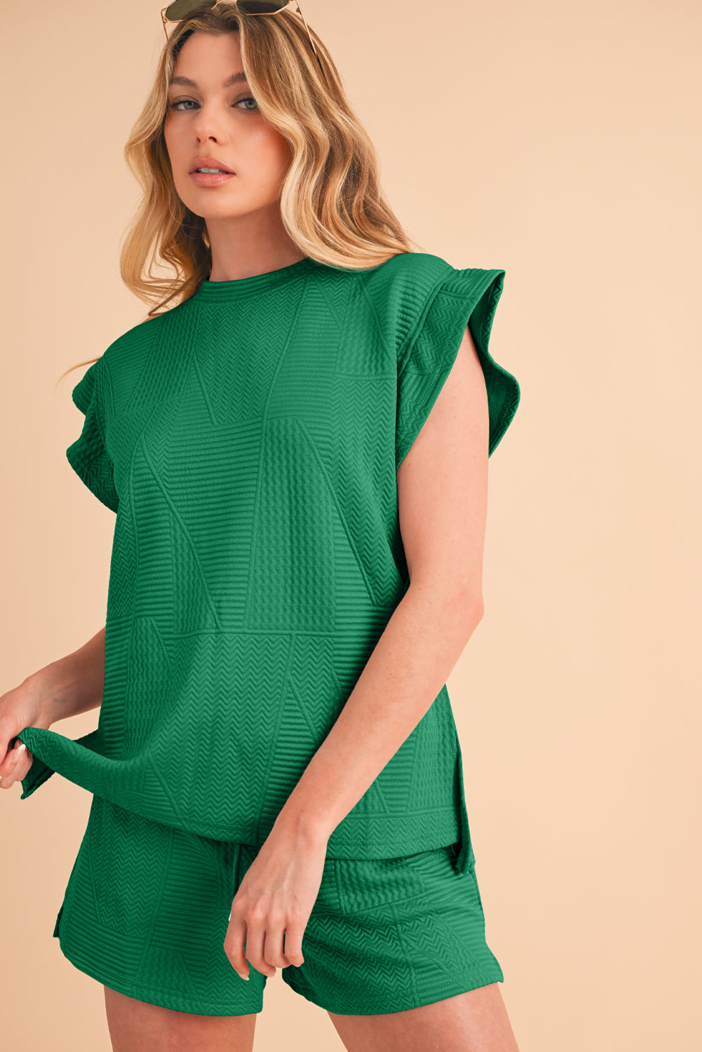 Textured Ruffle Top Shorts Set