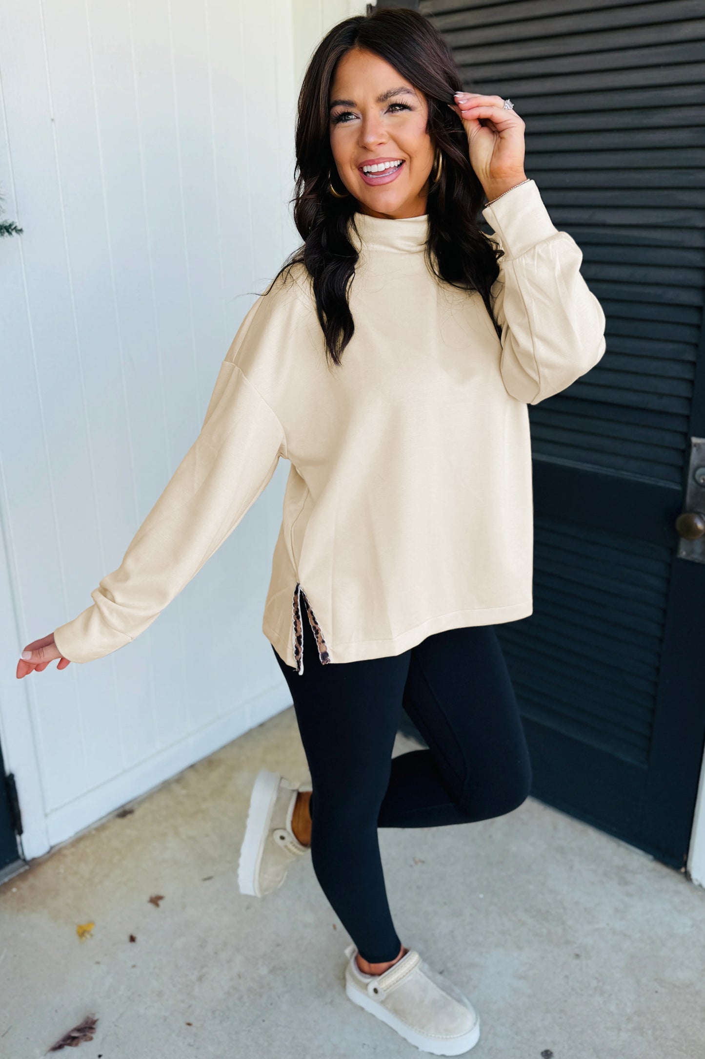 Mock Neck Leopard Detail Top
