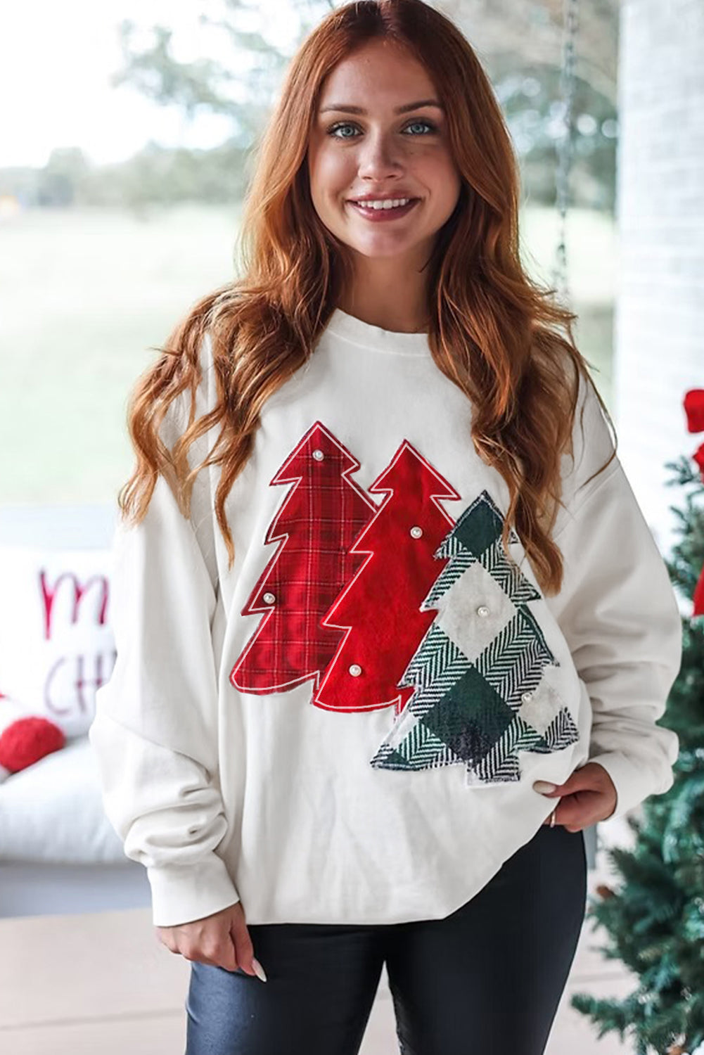 Christmas Tree Sweatshirt with Pearl Accents