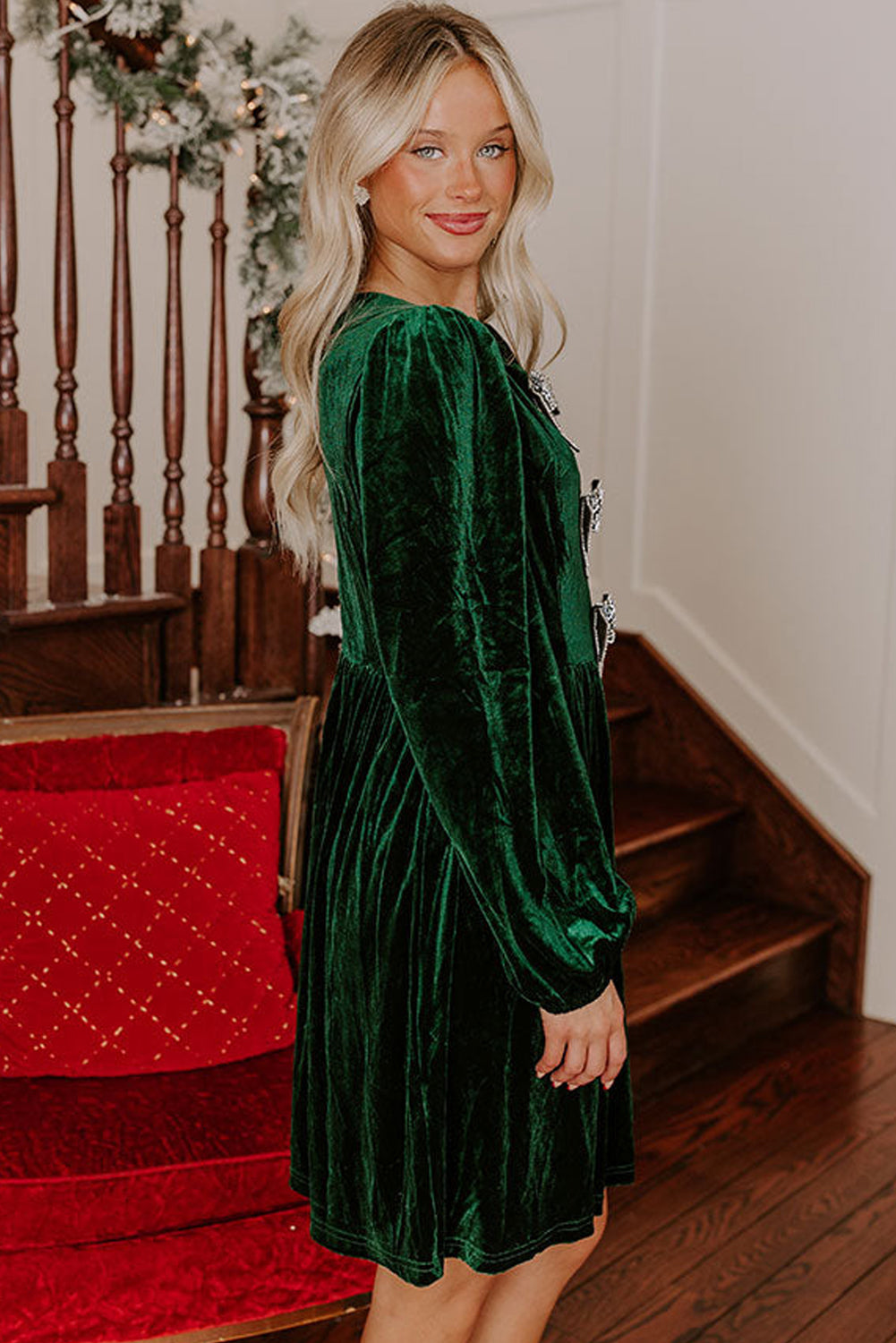 Evergreen Sequin Bow Velvet Dress