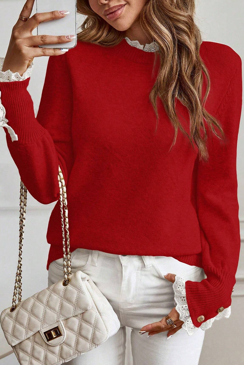 Red Lace Trim Sweater