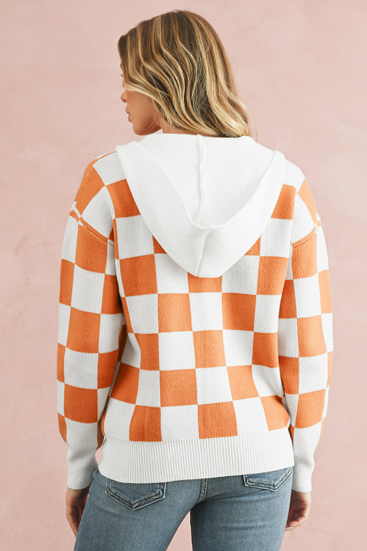 Orange Checkered Split Neck Pocket Hooded Sweater