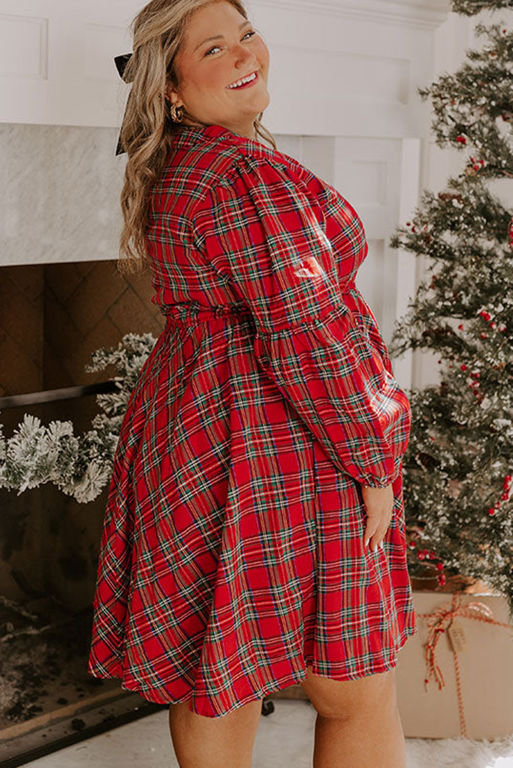 Red Christmas Plaid Holiday Dress - Plus