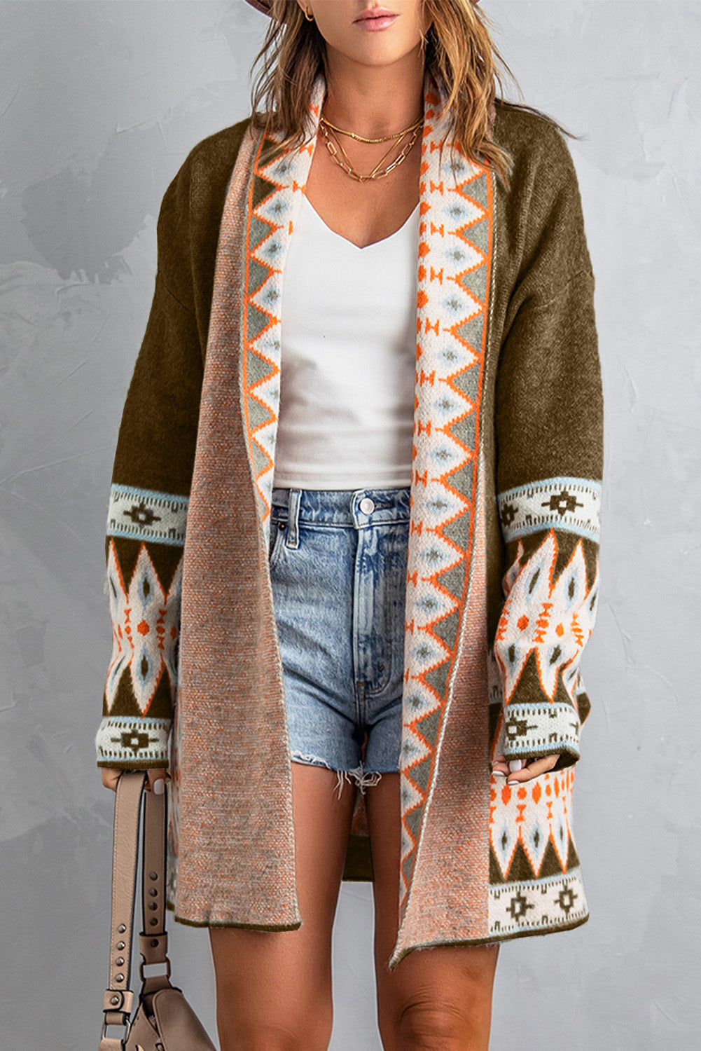Aztec Print Open Front Cardigan