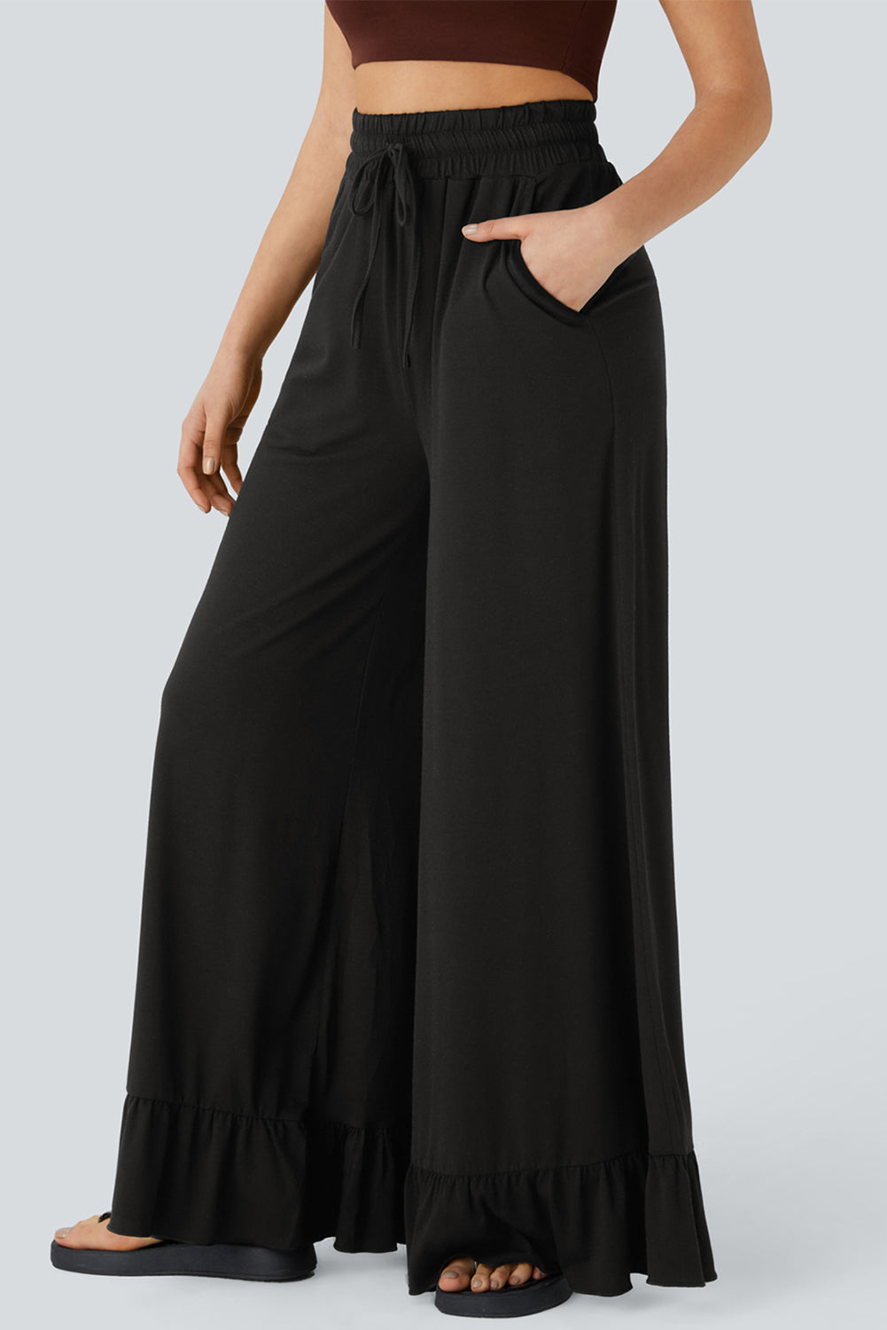 Black Ruffle Hem Wide Leg Pants