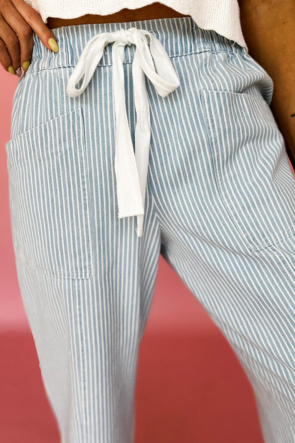 Striped Mid Rise Drawstring Waist Jeans