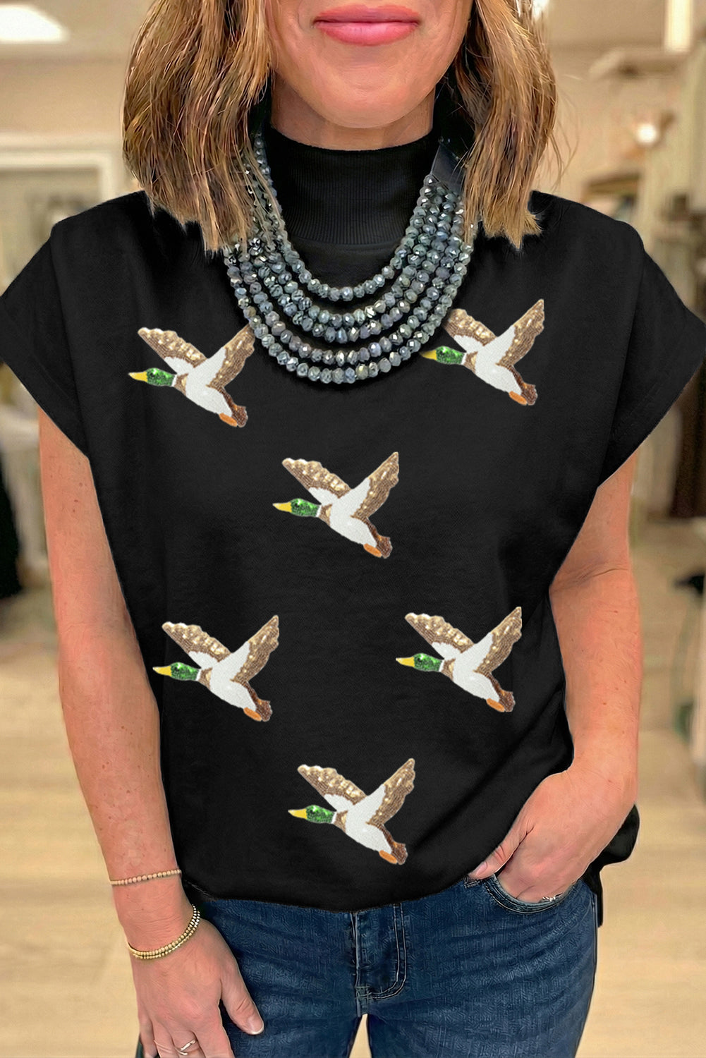 Black Sequin Mallard Tee